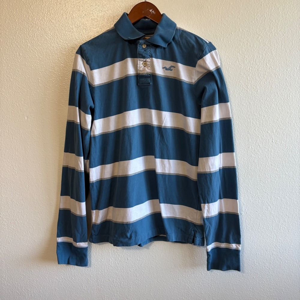Vintage Y2K Hollister Men's Medium Blue White Striped Long Sleeve Polo Shirt